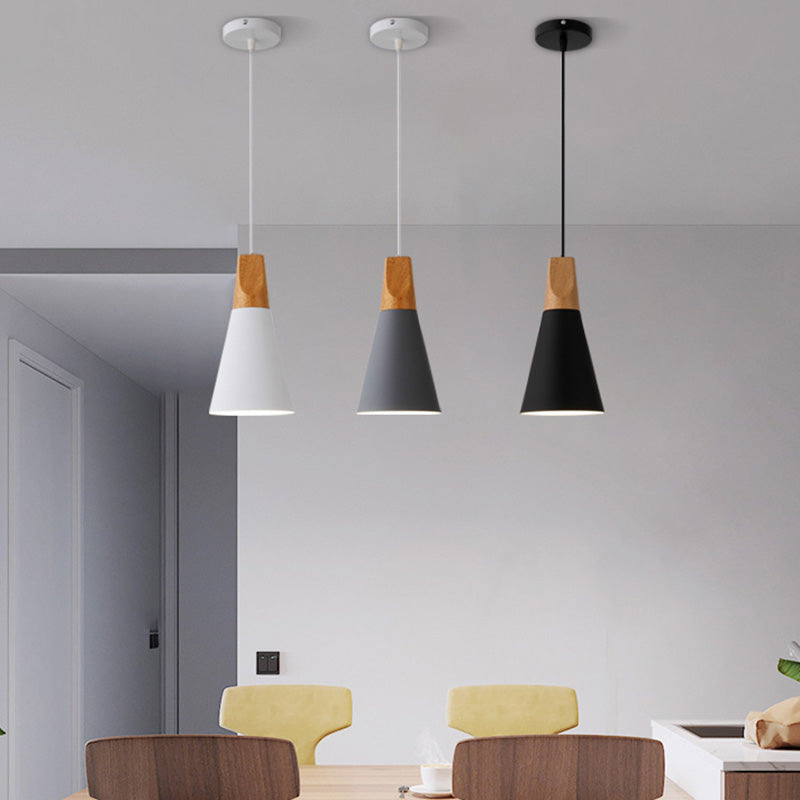Metal Tapered Hanging Light - Nordic Style - 1-Light Restaurant Pendant Lamp with Wooden Top