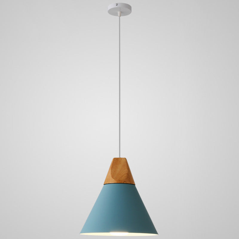 Metal Tapered Hanging Light - Nordic Style - 1-Light Restaurant Pendant Lamp with Wooden Top