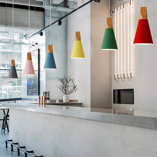 Metal Tapered Hanging Light - Nordic Style - 1-Light Restaurant Pendant Lamp with Wooden Top