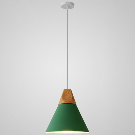 Metal Tapered Hanging Light - Nordic Style - 1-Light Restaurant Pendant Lamp with Wooden Top