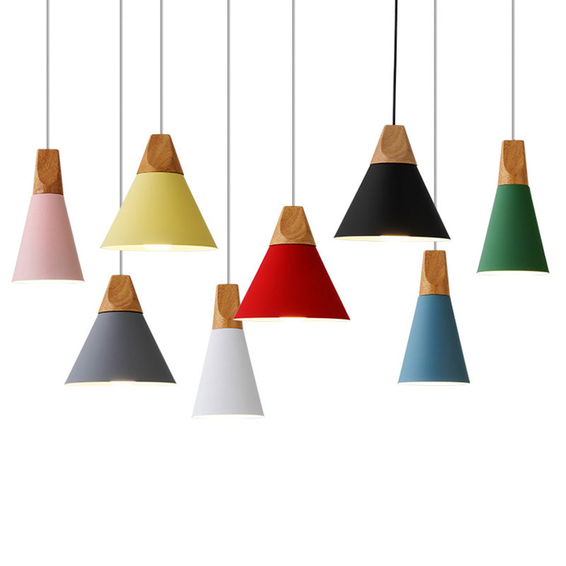 Metal Tapered Hanging Light - Nordic Style - 1-Light Restaurant Pendant Lamp with Wooden Top