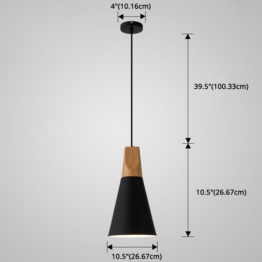 Metal Tapered Hanging Light - Nordic Style - 1-Light Restaurant Pendant Lamp with Wooden Top