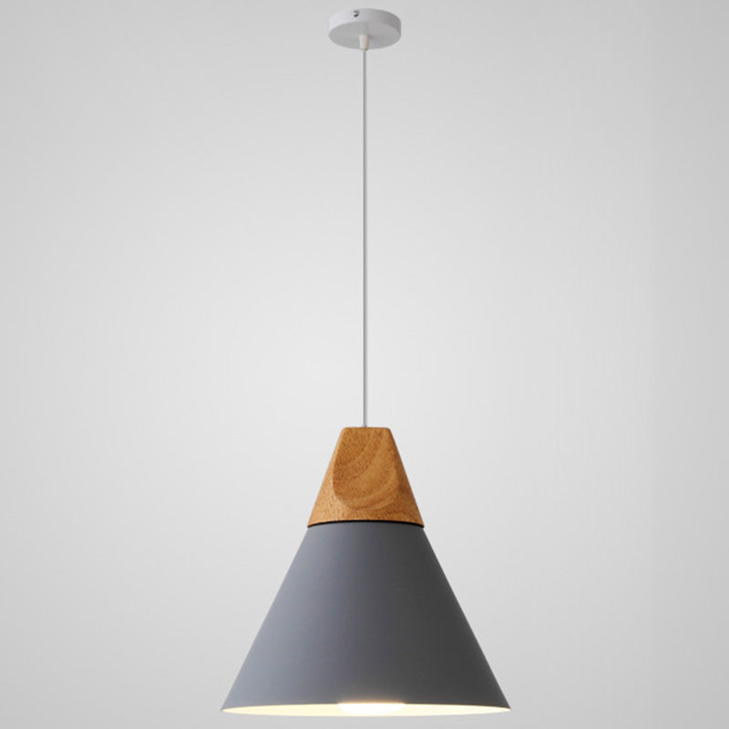 Metal Tapered Hanging Light - Nordic Style - 1-Light Restaurant Pendant Lamp with Wooden Top