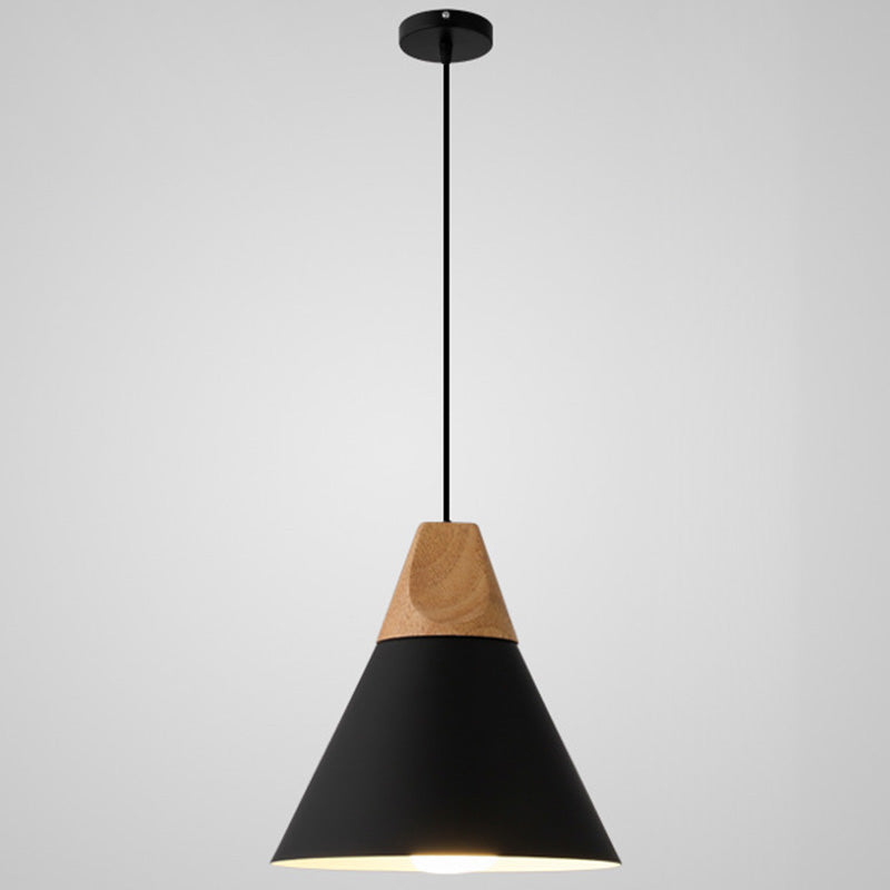 Metal Tapered Hanging Light - Nordic Style - 1-Light Restaurant Pendant Lamp with Wooden Top