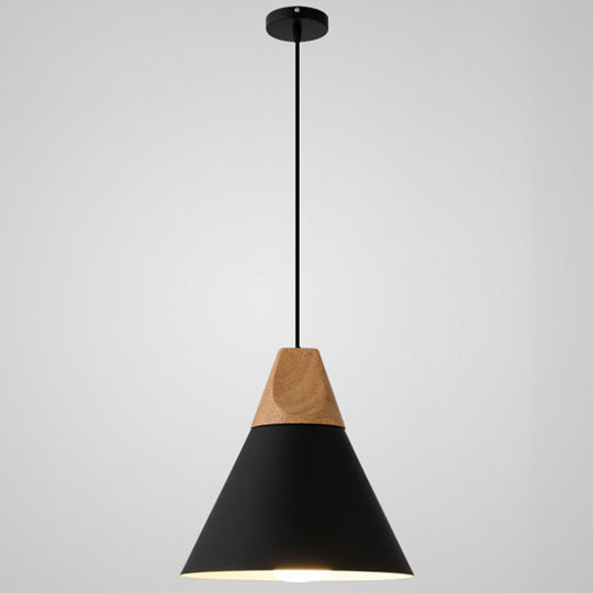 Metal Tapered Hanging Light - Nordic Style - 1-Light Restaurant Pendant Lamp with Wooden Top