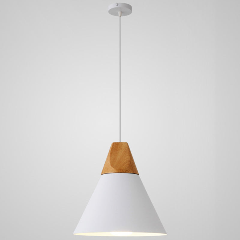 Metal Tapered Hanging Light - Nordic Style - 1-Light Restaurant Pendant Lamp with Wooden Top