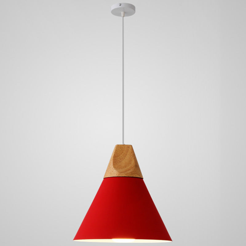 Metal Tapered Hanging Light - Nordic Style - 1-Light Restaurant Pendant Lamp with Wooden Top