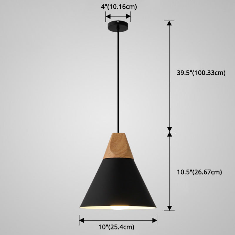 Metal Tapered Hanging Light - Nordic Style - 1-Light Restaurant Pendant Lamp with Wooden Top