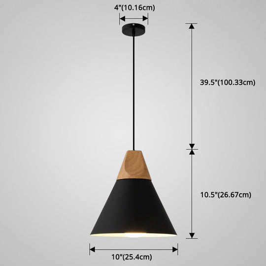 Metal Tapered Hanging Light - Nordic Style - 1-Light Restaurant Pendant Lamp with Wooden Top