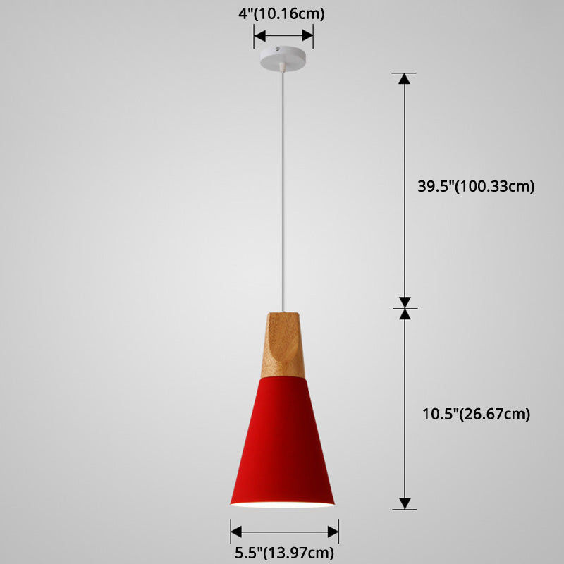 Metal Tapered Hanging Light - Nordic Style - 1-Light Restaurant Pendant Lamp with Wooden Top
