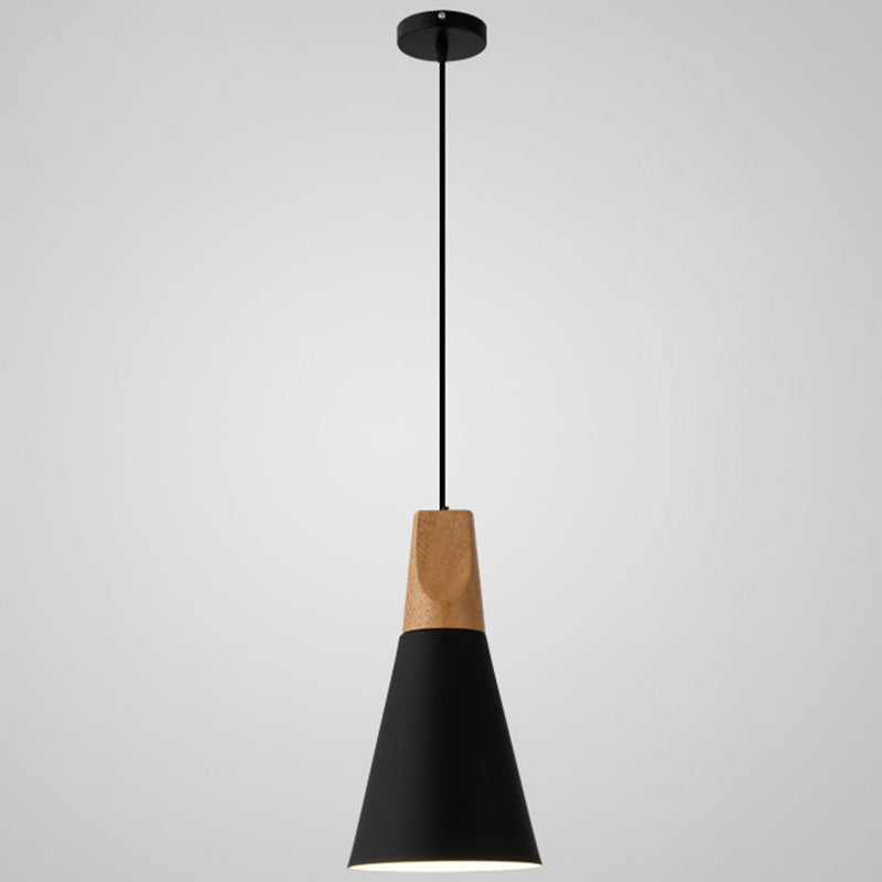 Metal Tapered Hanging Light - Nordic Style - 1-Light Restaurant Pendant Lamp with Wooden Top