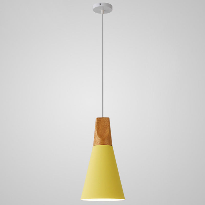 Metal Tapered Hanging Light - Nordic Style - 1-Light Restaurant Pendant Lamp with Wooden Top