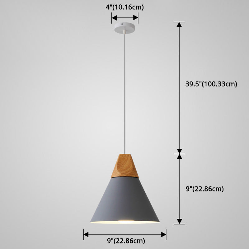 Metal Tapered Hanging Light - Nordic Style - 1-Light Restaurant Pendant Lamp with Wooden Top