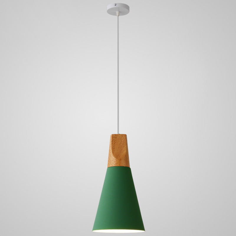 Metal Tapered Hanging Light - Nordic Style - 1-Light Restaurant Pendant Lamp with Wooden Top
