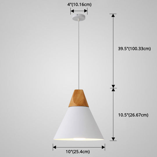 Metal Tapered Hanging Light - Nordic Style - 1-Light Restaurant Pendant Lamp with Wooden Top
