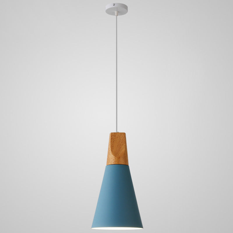 Metal Tapered Hanging Light - Nordic Style - 1-Light Restaurant Pendant Lamp with Wooden Top