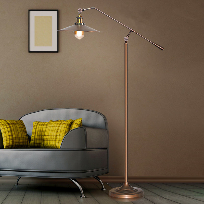 Antique Metal Flared Shade Floor Lamp: Stylish 1-Head Living Room Standing Light in Bronze with Adjustable Arm