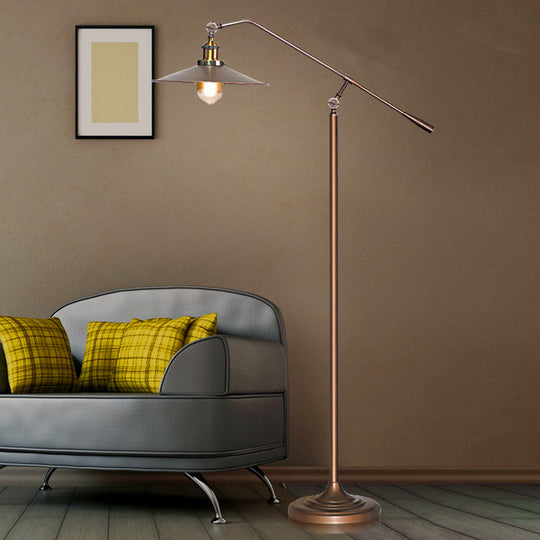 Antique Metal Flared Shade Floor Lamp: Stylish 1-Head Living Room Standing Light in Bronze with Adjustable Arm