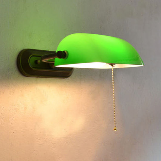 Green Banker Wall Light with Pull Chain, Tiffany Stained Glass, 1 Head Wall Mount Fixture for Bedside