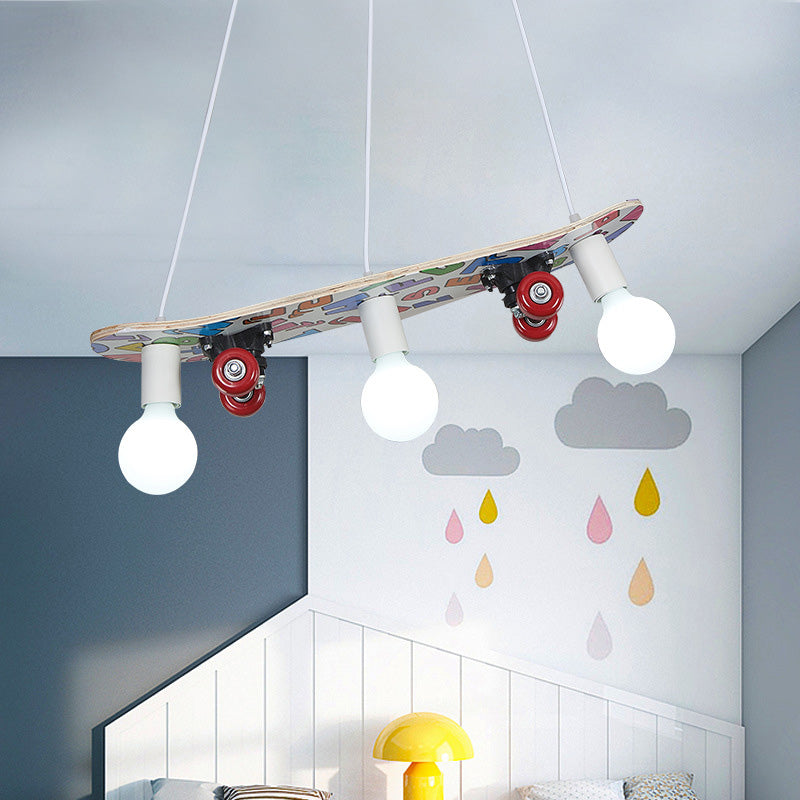 Wooden Skateboard Shaped Chandelier Lamp - Cartoon-Style - 3 Lights - Red/Blue