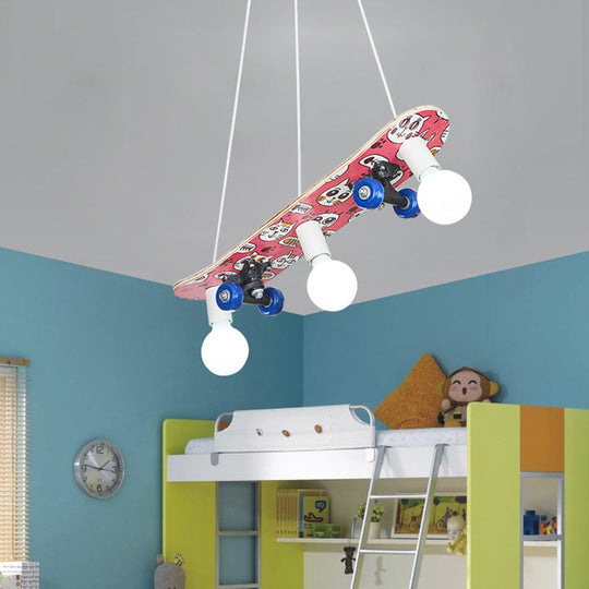 Wooden Skateboard Shaped Chandelier Lamp - Cartoon-Style - 3 Lights - Red/Blue