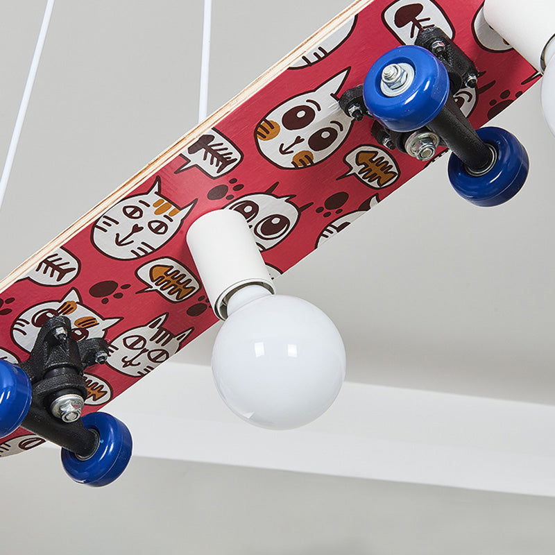 Wooden Skateboard Shaped Chandelier Lamp - Cartoon-Style - 3 Lights - Red/Blue