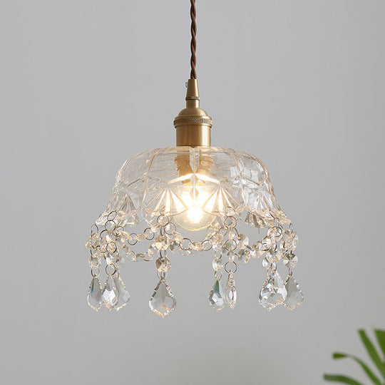 Vintage Brass Pendant Light with Clear Glass Shade and Crystal Drip - Floral inspired Dining Room Suspension Light