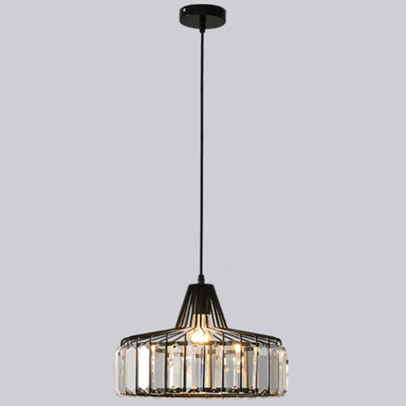 Modern Minimalist Drum Crystal Pendant Light with 1-Light for Dining Room Hanging