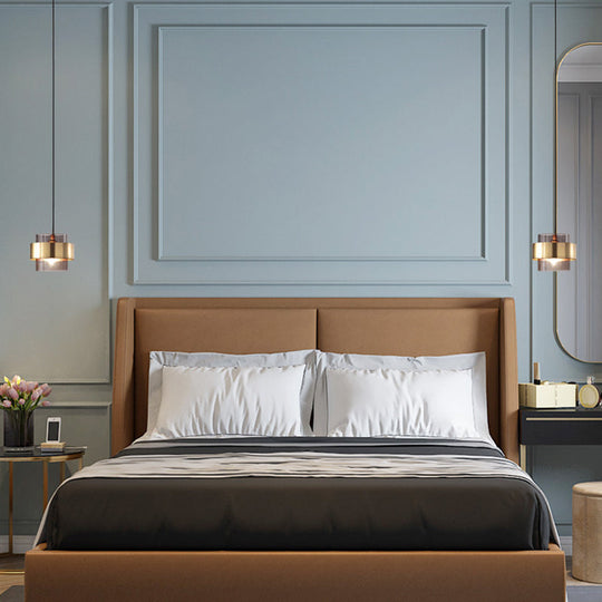 Modern Smoke Glass Pendant Light with Metal Ring - Cylindrical Minimalist Design