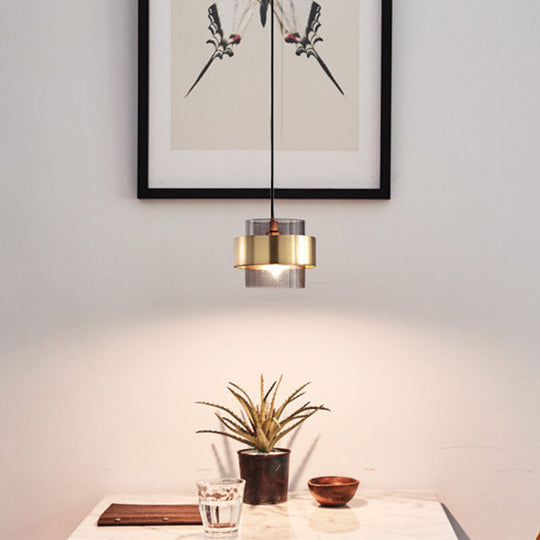 Modern Smoke Glass Pendant Light with Metal Ring - Cylindrical Minimalist Design
