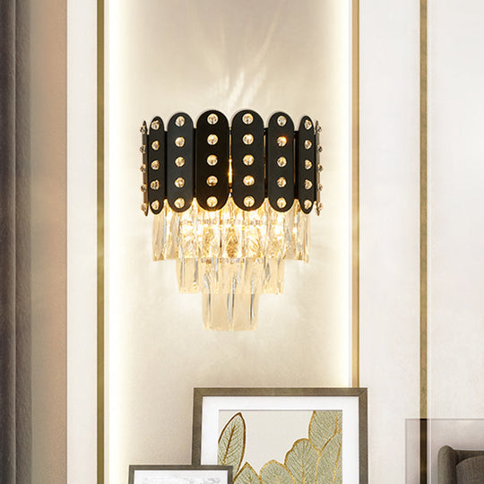 Clear Faceted Crystal Wall Lighting: 3-Light, 3-Tier, Wall Mounted. Contemporary Design in Black.