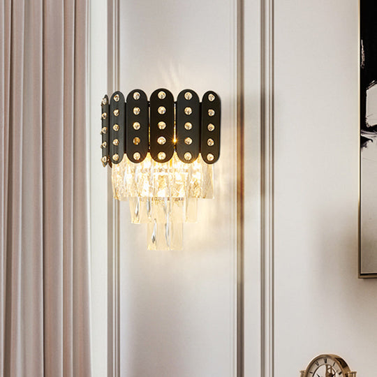 Clear Faceted Crystal Wall Lighting: 3-Light, 3-Tier, Wall Mounted. Contemporary Design in Black.