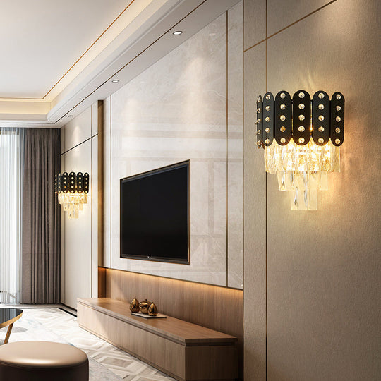 Clear Faceted Crystal Wall Lighting: 3-Light, 3-Tier, Wall Mounted. Contemporary Design in Black.
