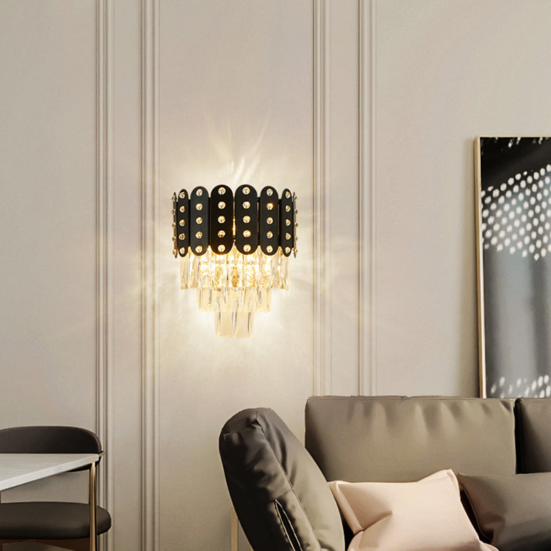 Clear Faceted Crystal Wall Lighting: 3-Light, 3-Tier, Wall Mounted. Contemporary Design in Black.
