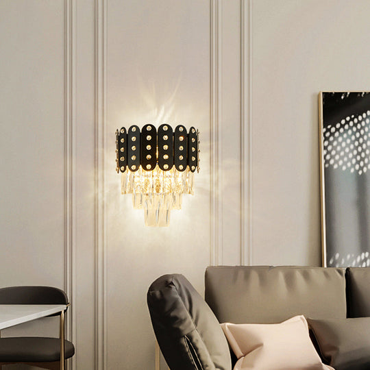 Clear Faceted Crystal Wall Lighting: 3-Light, 3-Tier, Wall Mounted. Contemporary Design in Black.