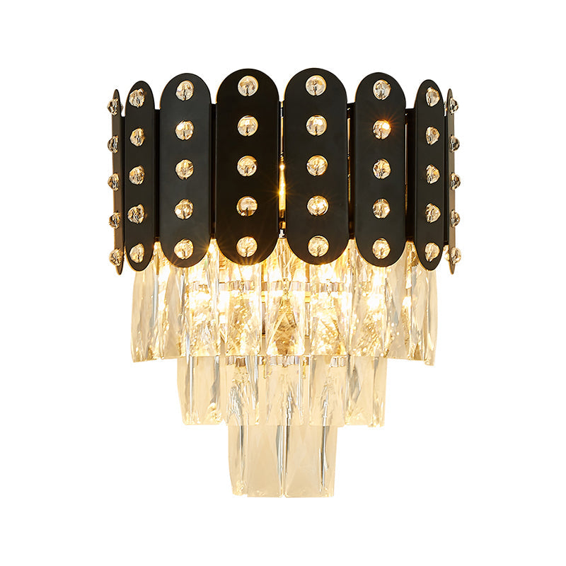 Clear Faceted Crystal Wall Lighting: 3-Light, 3-Tier, Wall Mounted. Contemporary Design in Black.