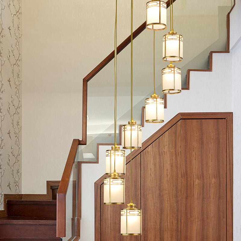 Frosted White Glass Pendant Lamp with Modern Brass Finish - Multiple Hanging Lights for Duplex House