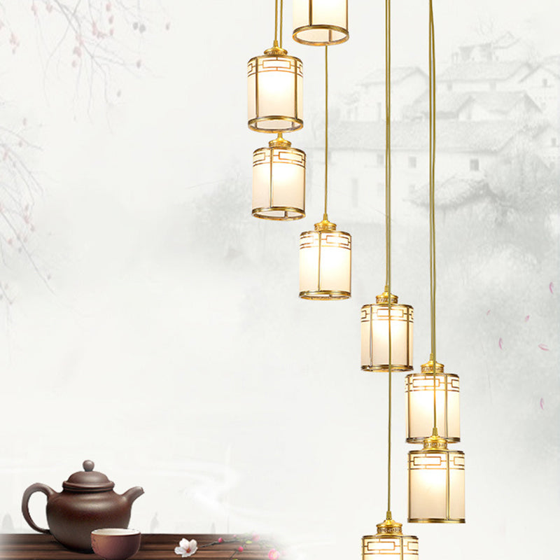Frosted White Glass Pendant Lamp with Modern Brass Finish - Multiple Hanging Lights for Duplex House