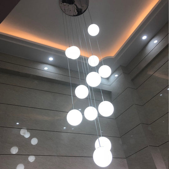 Simplicity Silver Multi Pendant Chandelier - Cream Glass Spherical Ceiling Hang Lamp for Lobby & Stairs