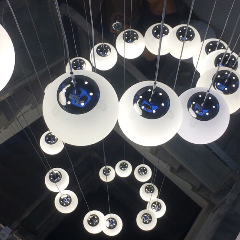 Simplicity Silver Multi Pendant Chandelier - Cream Glass Spherical Ceiling Hang Lamp for Lobby & Stairs