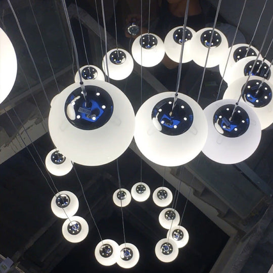 Simplicity Silver Multi Pendant Chandelier - Cream Glass Spherical Ceiling Hang Lamp for Lobby & Stairs