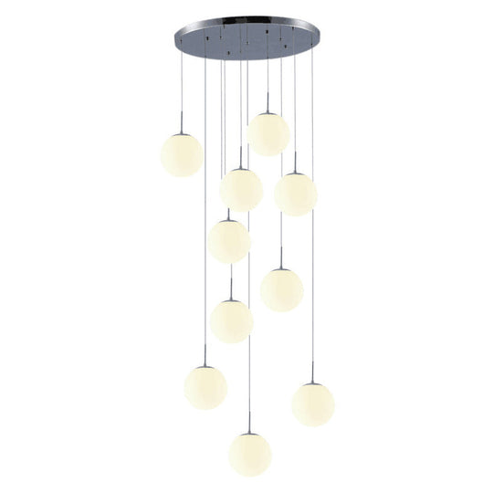 Simplicity Silver Multi Pendant Chandelier - Cream Glass Spherical Ceiling Hang Lamp for Lobby & Stairs