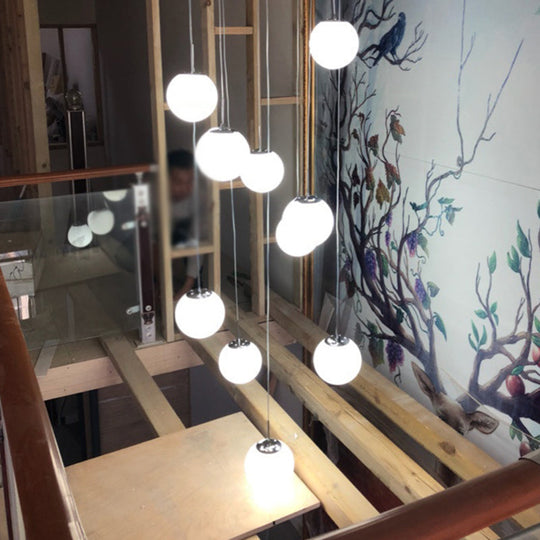 Simplicity Silver Multi Pendant Chandelier - Cream Glass Spherical Ceiling Hang Lamp for Lobby & Stairs