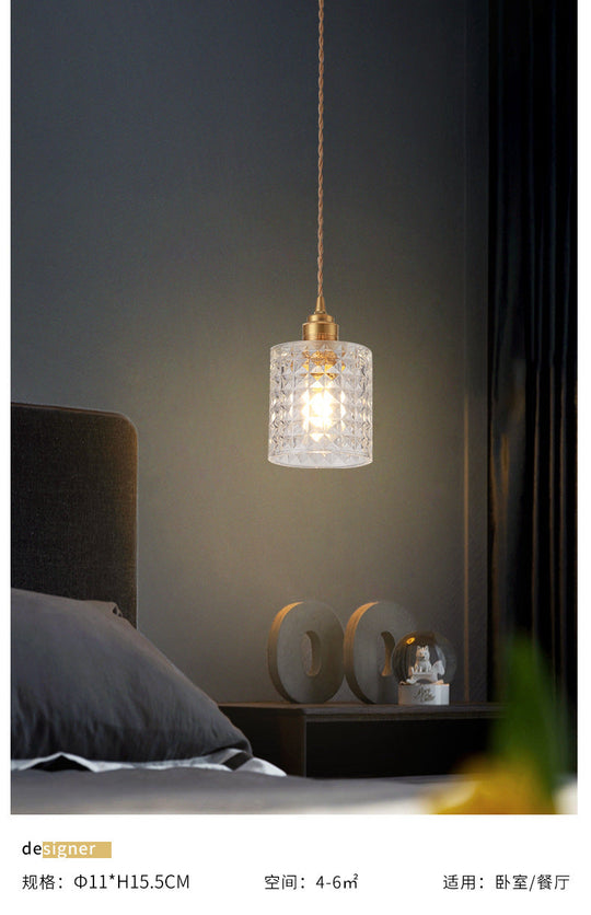 Brass Bedside Pendant Lamp with Clear Glass Shade