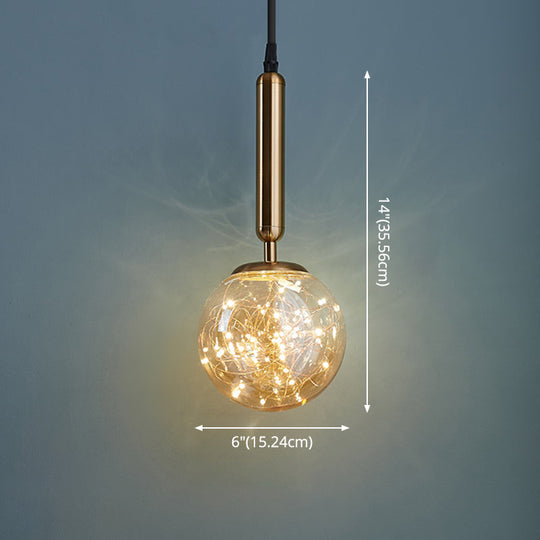 Amber Glass Ball Pendulum Light - Nordic Style LED Hanging Pendant