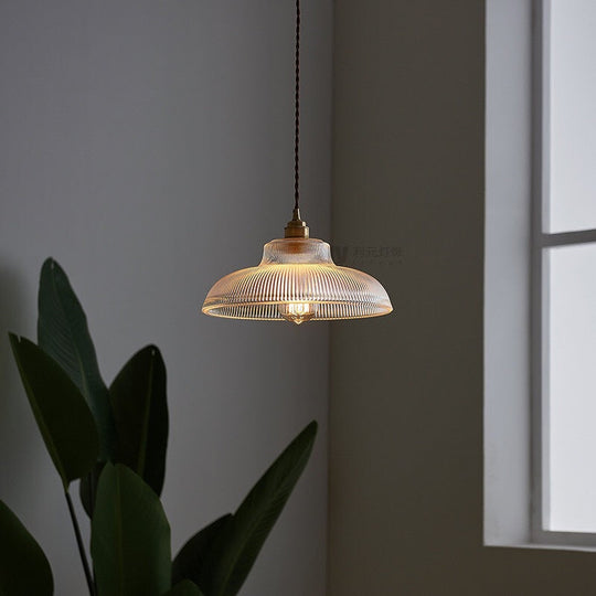 Cafe Pendant Lighting: Retro Bowl Shaped Clear Striped Glass Lamp with Brass Finish