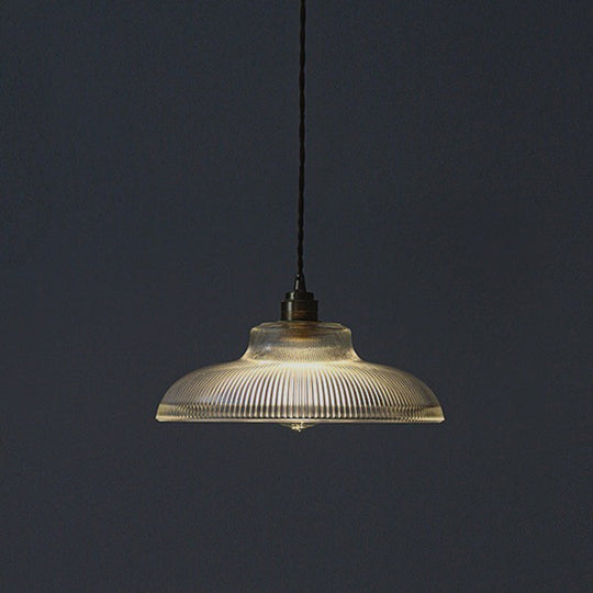 Cafe Pendant Lighting: Retro Bowl Shaped Clear Striped Glass Lamp with Brass Finish