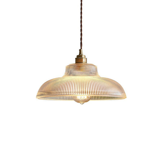 Cafe Pendant Lighting: Retro Bowl Shaped Clear Striped Glass Lamp with Brass Finish