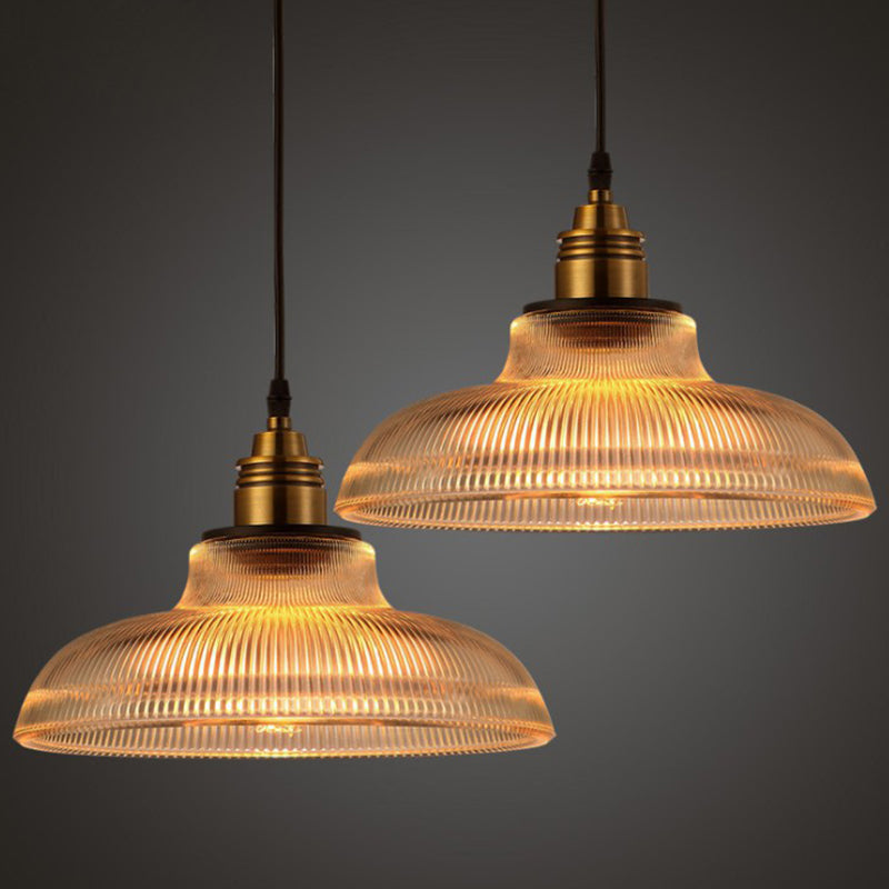 Cafe Pendant Lighting: Retro Bowl Shaped Clear Striped Glass Lamp with Brass Finish