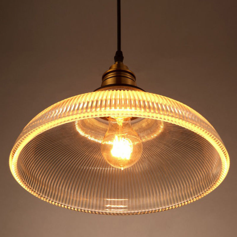 Cafe Pendant Lighting: Retro Bowl Shaped Clear Striped Glass Lamp with Brass Finish